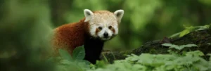 En röd panda tittar in i kameran