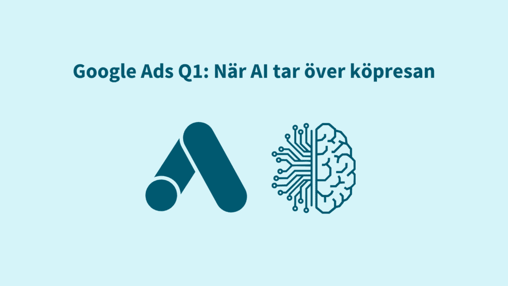 Google Ads-logotyp och en hjärna med vajrar som symboliserar artificiell intelligens.