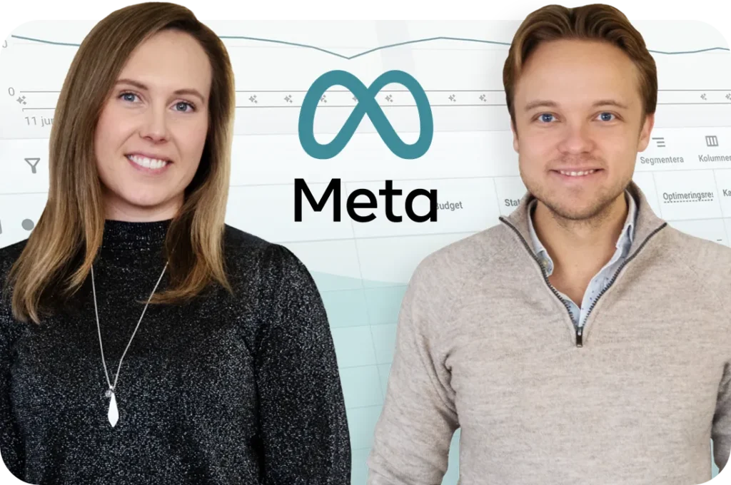 Matilda Silver och Mattias Persson framför Meta Ads logotyp