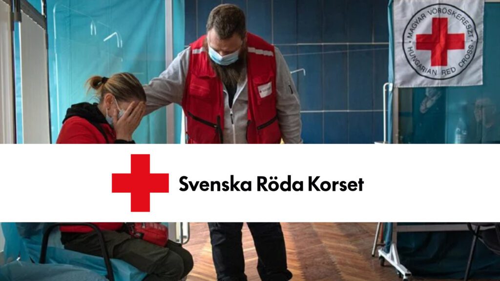 Människor i chock med Svenska Röda Korset logo